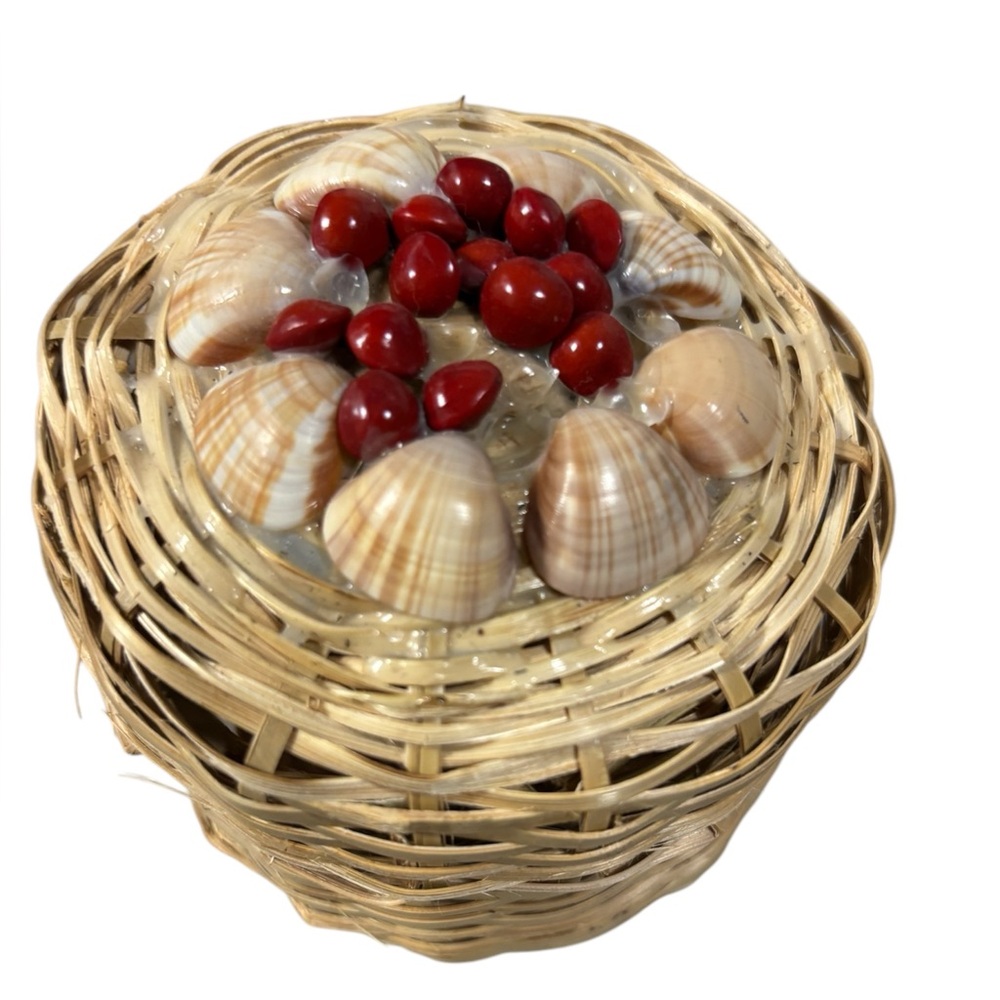 Decorative Woven Basket with Shells and Red Accents